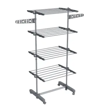 Tendedero Vertical de 4 Niveles con Ruedas 2 Laterales Abatibles Estantes Ajustables y Marco de Acero Gris y Plata