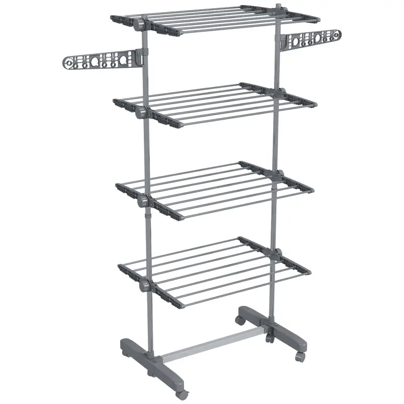 Tendedero Vertical de 4 Niveles con Ruedas 2 Laterales Abatibles Estantes Ajustables y Marco de Acero Gris y Plata Tendedero Vertical de 4 Niveles con Ruedas 2 Laterales Abatibles Estantes Ajustables y Marco de Acero Gris y Plata