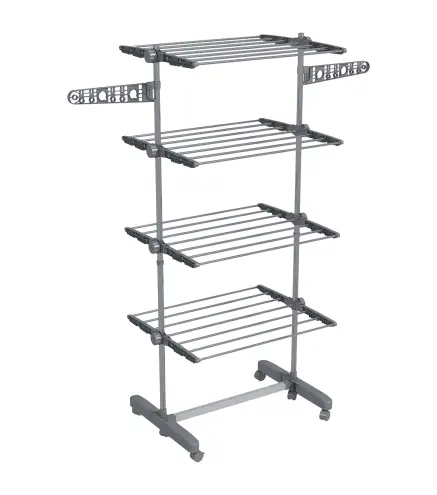 Tendedero Vertical de 4 Niveles con Ruedas 2 Laterales Abatibles Estantes Ajustables y Marco de Acero Gris y Plata