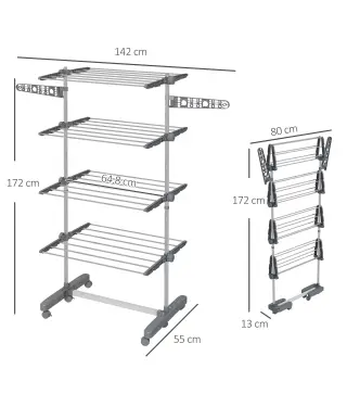 Tendedero Vertical de 4 Niveles con Ruedas 2 Laterales Abatibles Estantes Ajustables y Marco de Acero Gris y Plata