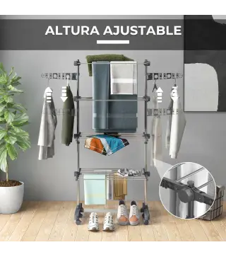 Tendedero Vertical de 4 Niveles con Ruedas 2 Laterales Abatibles Estantes Ajustables y Marco de Acero Gris y Plata