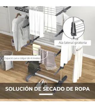Tendedero Vertical de 4 Niveles con Ruedas 2 Laterales Abatibles Estantes Ajustables y Marco de Acero Gris y Plata