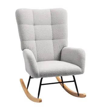 Silla Mecedora Tapizado de Terciopelo Teddy con Reposabrazos Acolchado Grueso Patas de Madera Gris Claro
