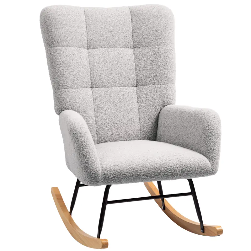 Silla Mecedora Tapizado de Terciopelo Teddy con Reposabrazos Acolchado Grueso Patas de Madera Gris Claro