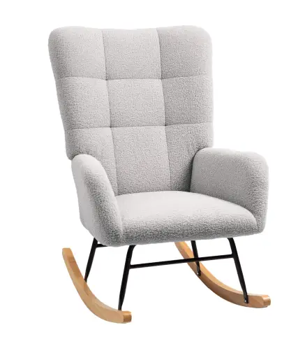 Silla Mecedora Tapizado de Terciopelo Teddy con Reposabrazos Acolchado Grueso Patas de Madera Gris Claro
