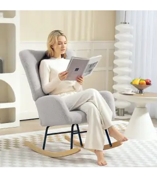 Silla Mecedora Tapizado de Terciopelo Teddy con Reposabrazos Acolchado Grueso Patas de Madera Gris Claro