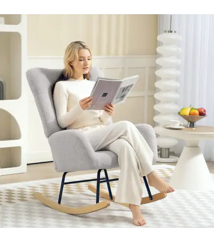 Silla Mecedora Tapizado de Terciopelo Teddy con Reposabrazos Acolchado Grueso Patas de Madera Gris Claro