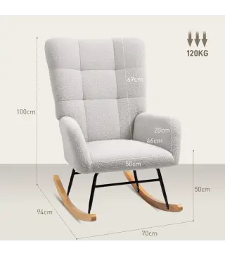 Silla Mecedora Tapizado de Terciopelo Teddy con Reposabrazos Acolchado Grueso Patas de Madera Gris Claro
