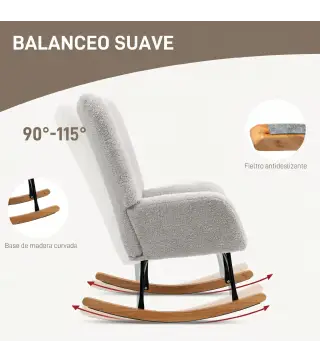 Silla Mecedora Tapizado de Terciopelo Teddy con Reposabrazos Acolchado Grueso Patas de Madera Gris Claro