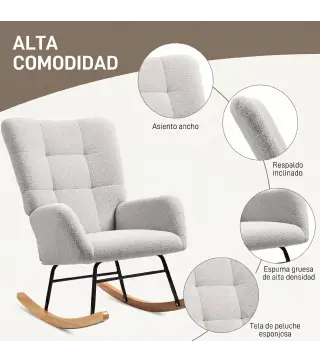 Silla Mecedora Tapizado de Terciopelo Teddy con Reposabrazos Acolchado Grueso Patas de Madera Gris Claro