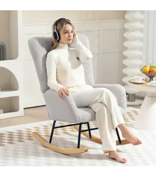 Silla Mecedora Tapizado de Terciopelo Teddy con Reposabrazos Acolchado Grueso Patas de Madera Gris Claro