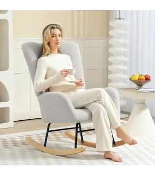 Silla Mecedora Tapizado de Terciopelo Teddy con Reposabrazos Acolchado Grueso Patas de Madera Gris Claro