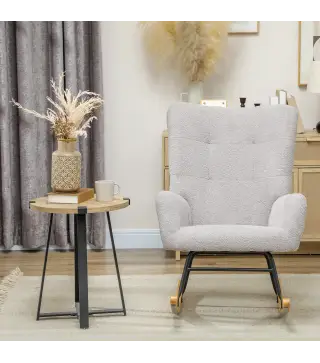 Silla Mecedora Tapizado de Terciopelo Teddy con Reposabrazos Acolchado Grueso Patas de Madera Gris Claro
