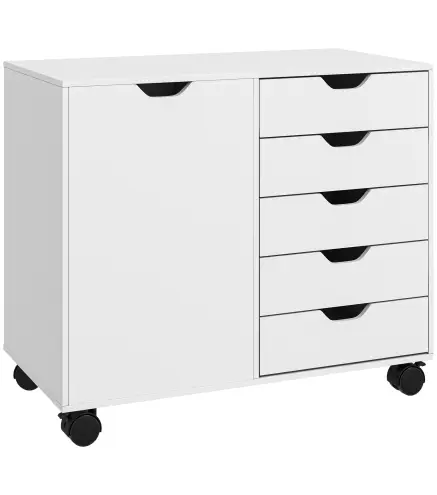 Cajonera de Oficina con 5 Cajones Ruedas Estante Ajustable Soporte para Impresora 78x40x66,5 cm Blanco