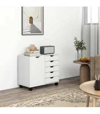 Cajonera de Oficina con 5 Cajones Ruedas Estante Ajustable Soporte para Impresora 78x40x66,5 cm Blanco