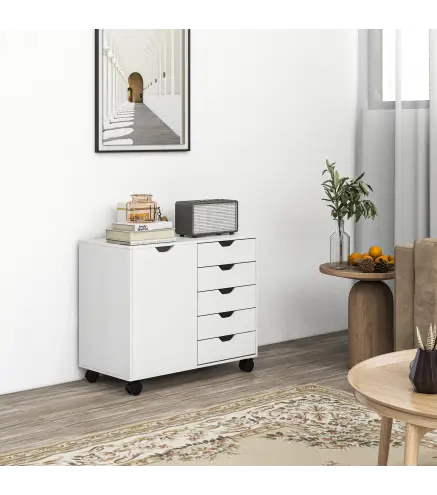 Cajonera de Oficina con 5 Cajones Ruedas Estante Ajustable Soporte para Impresora 78x40x66,5 cm Blanco