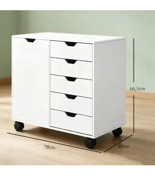 Cajonera de Oficina con 5 Cajones Ruedas Estante Ajustable Soporte para Impresora 78x40x66,5 cm Blanco