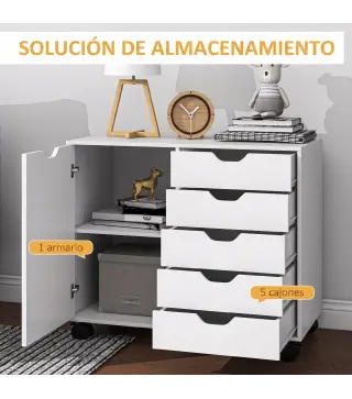 Cajonera de Oficina con 5 Cajones Ruedas Estante Ajustable Soporte para Impresora 78x40x66,5 cm Blanco