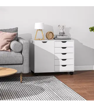 Cajonera de Oficina con 5 Cajones Ruedas Estante Ajustable Soporte para Impresora 78x40x66,5 cm Blanco