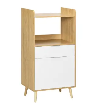 Mueble Microondas Estilo Escandinavo con Armario Cajón y Estante Ajustable 58x40x118 cm Natural y Blanco