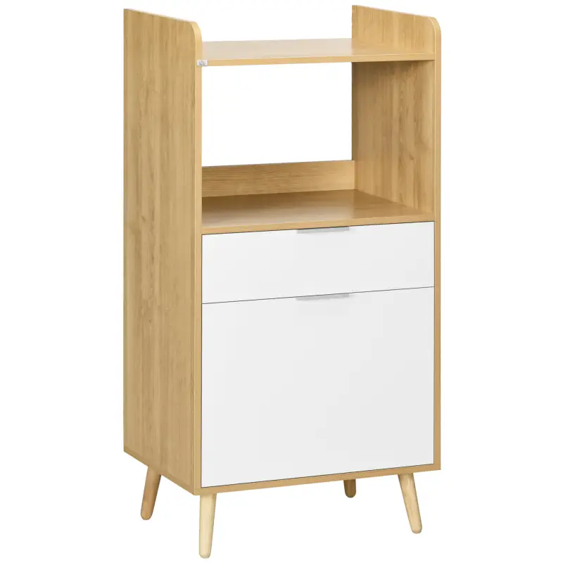 Mueble Microondas Estilo Escandinavo con Armario Cajón y Estante Ajustable 58x40x118 cm Natural y Blanco Mueble Microondas Estilo Escandinavo con Armario Cajón y Estante Ajustable 58x40x118 cm Natural y Blanco