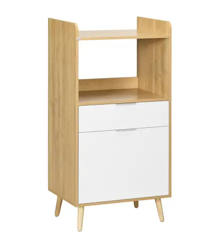 Mueble Microondas Estilo Escandinavo con Armario Cajón y Estante Ajustable 58x40x118 cm Natural y Blanco