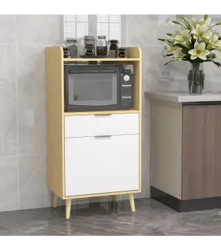 Mueble Microondas Estilo Escandinavo con Armario Cajón y Estante Ajustable 58x40x118 cm Natural y Blanco