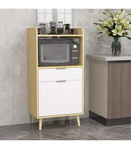 Mueble Microondas Estilo Escandinavo con Armario Cajón y Estante Ajustable 58x40x118 cm Natural y Blanco