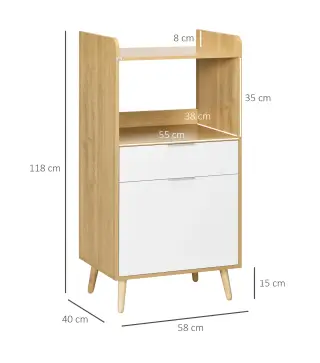 Mueble Microondas Estilo Escandinavo con Armario Cajón y Estante Ajustable 58x40x118 cm Natural y Blanco