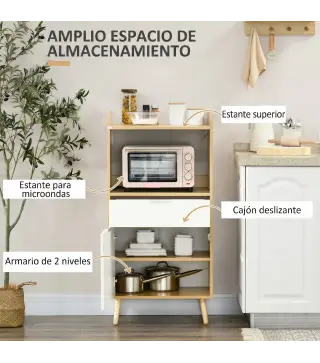 Mueble Microondas Estilo Escandinavo con Armario Cajón y Estante Ajustable 58x40x118 cm Natural y Blanco