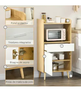 Mueble Microondas Estilo Escandinavo con Armario Cajón y Estante Ajustable 58x40x118 cm Natural y Blanco