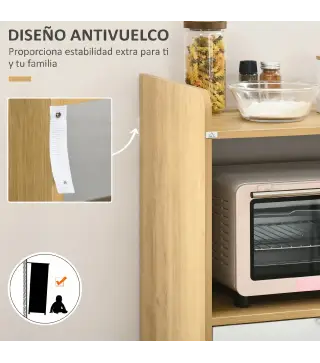 Mueble Microondas Estilo Escandinavo con Armario Cajón y Estante Ajustable 58x40x118 cm Natural y Blanco