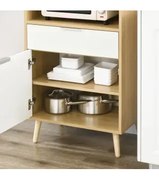 Mueble Microondas Estilo Escandinavo con Armario Cajón y Estante Ajustable 58x40x118 cm Natural y Blanco