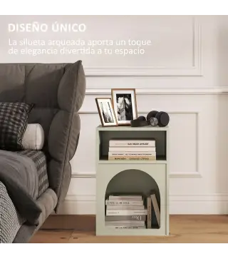 Mesilla de Noche Estrecha con 2 Compartimentos Abiertos Diseño en Forma de Arco 40x30x60 cm Verde Claro