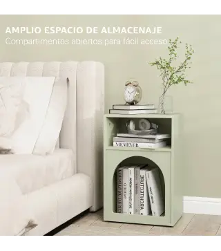 Mesilla de Noche Estrecha con 2 Compartimentos Abiertos Diseño en Forma de Arco 40x30x60 cm Verde Claro