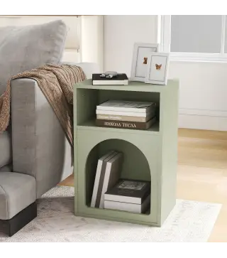 Mesilla de Noche Estrecha con 2 Compartimentos Abiertos Diseño en Forma de Arco 40x30x60 cm Verde Claro