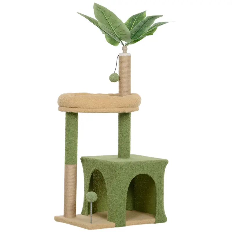 Árbol Rascador para Gatos 98 cm con Hojas Artificiales Cueva Cama Postes Rascadores 2 Bolas Cubierto Terciopelo Verde