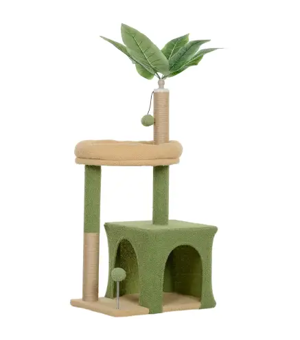 Árbol Rascador para Gatos 98 cm con Hojas Artificiales Cueva Cama Postes Rascadores 2 Bolas Cubierto Terciopelo Verde