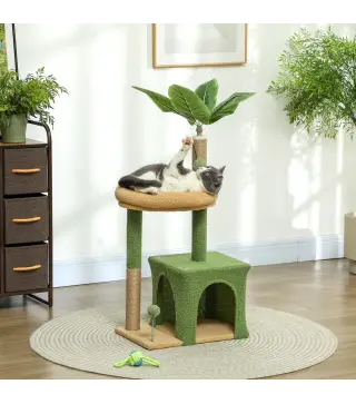 Árbol Rascador para Gatos 98 cm con Hojas Artificiales Cueva Cama Postes Rascadores 2 Bolas Cubierto Terciopelo Verde