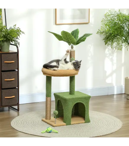 Árbol Rascador para Gatos 98 cm con Hojas Artificiales Cueva Cama Postes Rascadores 2 Bolas Cubierto Terciopelo Verde