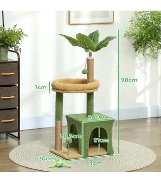 Árbol Rascador para Gatos 98 cm con Hojas Artificiales Cueva Cama Postes Rascadores 2 Bolas Cubierto Terciopelo Verde