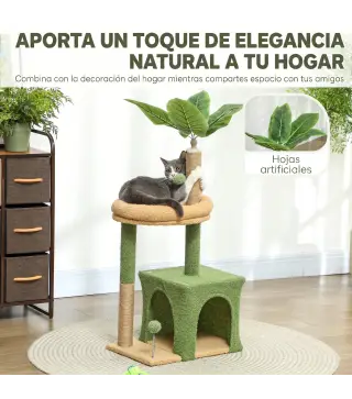 Árbol Rascador para Gatos 98 cm con Hojas Artificiales Cueva Cama Postes Rascadores 2 Bolas Cubierto Terciopelo Verde