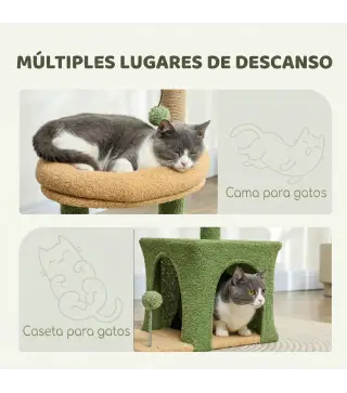 Árbol Rascador para Gatos 98 cm con Hojas Artificiales Cueva Cama Postes Rascadores 2 Bolas Cubierto Terciopelo Verde