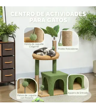 Árbol Rascador para Gatos 98 cm con Hojas Artificiales Cueva Cama Postes Rascadores 2 Bolas Cubierto Terciopelo Verde