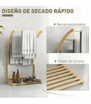 Toallero de Pie de Bambú con 3 Barras y Estante de Almacenamiento para Baño y Lavandería 50x29x84 cm Natural