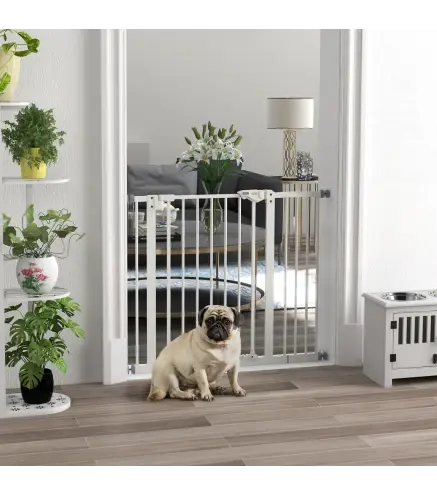 Barrera de Seguridad para Perros 74-94 cm con Extensión Montaje a Presión y Doble Bloqueo Blanco