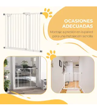 Barrera de Seguridad para Perros 74-94 cm con Extensión Montaje a Presión y Doble Bloqueo Blanco