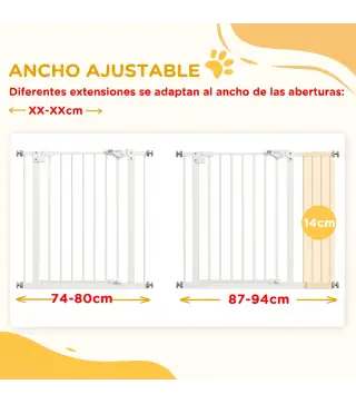 Barrera de Seguridad para Perros 74-94 cm con Extensión Montaje a Presión y Doble Bloqueo Blanco