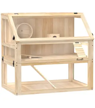 Jaula para Hámster de Madera 3 Nivles con Base Desmontable Profundo Balancín Rueda de Ejercicio Rampas Casita Natural