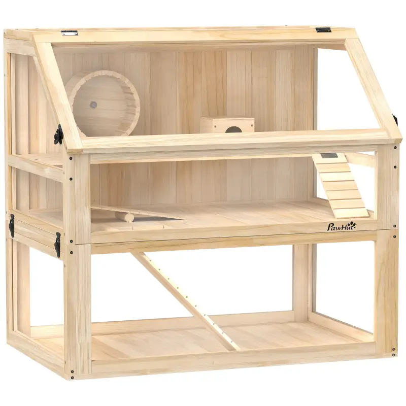 Jaula para Hámster de Madera 3 Nivles con Base Desmontable Profundo Balancín Rueda de Ejercicio Rampas Casita Natural Jaula para Hámster de Madera 3 Nivles con Base Desmontable Profundo Balancín Rueda de Ejercicio Rampas Casita Natural